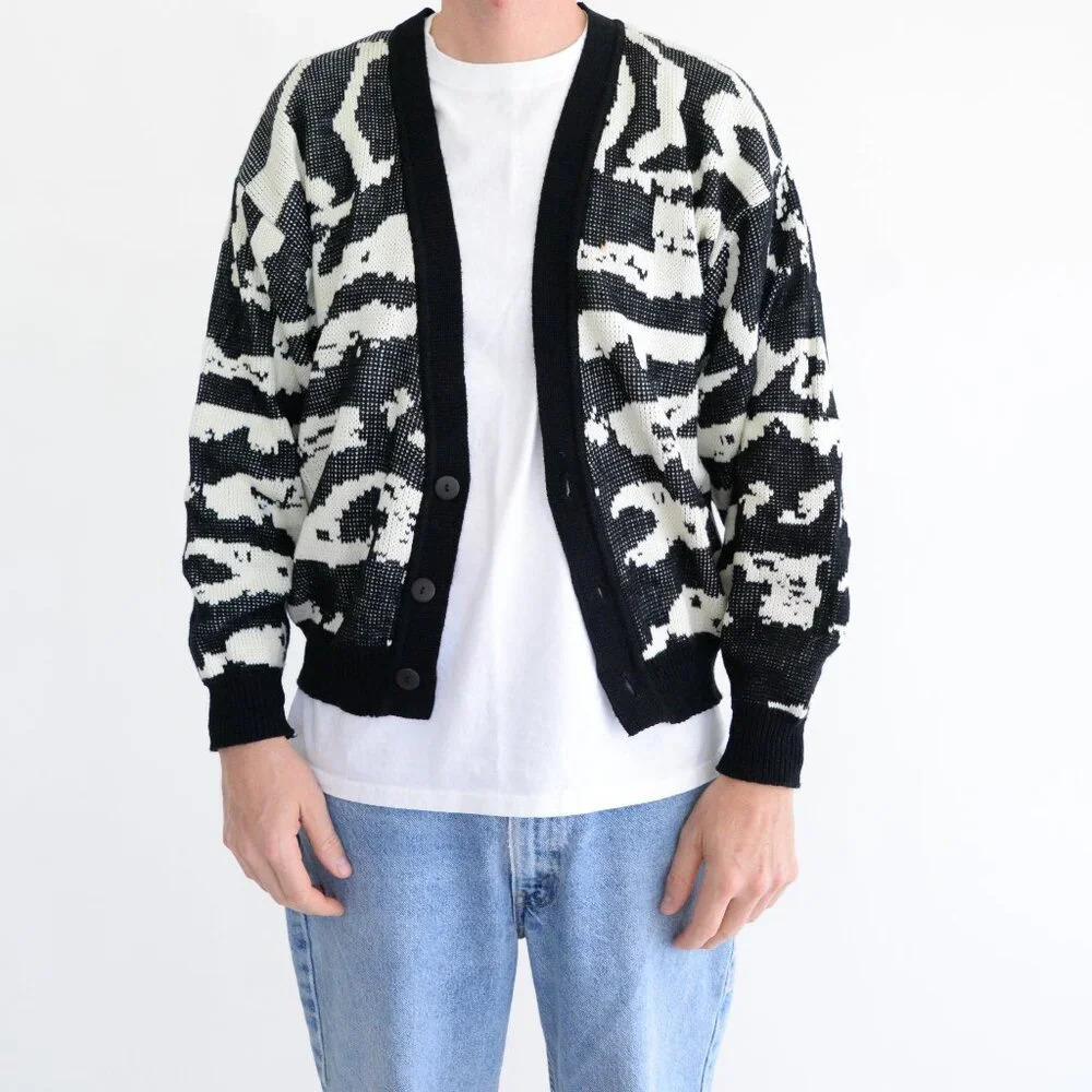 Vintage 90S Koman Black And Cream Knit Button Up  Cardigan Sweater Medium